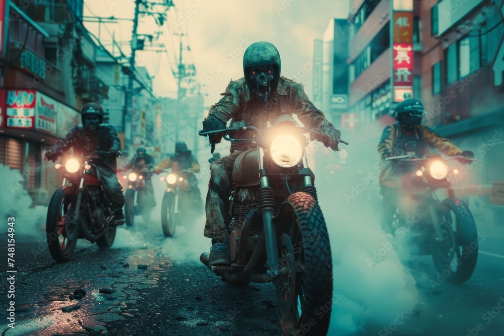 A zombie apocalypse in the style of Bosozoku culture with gangs riding steam powered motorcycles through deserted cities searching for Jamon Iberico - obrazy, fototapety, plakaty 
