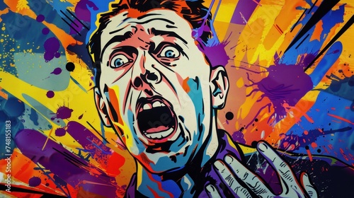 Pop art color paint splash style dramatic shocked man facial expression AI generated image