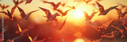 An array of origami birds in flight against a sunset showcasing intricate folding techniques
