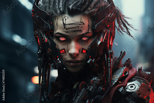 A fictitious image of woman in cyberpunk attire futuristic high tech generative AI