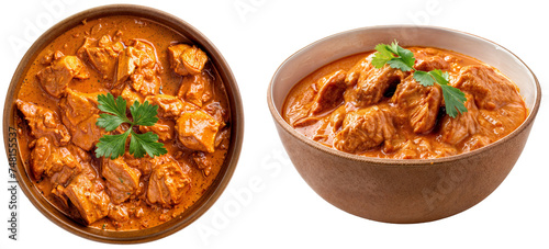 Indian chicken Tikka Masala bundle, side and top view, isolated on a transparent background photo