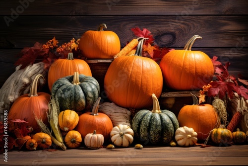 Assorted pumpkins and gourds with autumn leaves on a rustic wooden backdrop  seasonal fall harvest decoration.