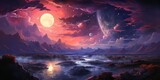 A breathtaking and otherworldly painting of a moonlit landscape. Majestic mountains rise up into the night sky, and clouds drift by like phantoms.