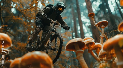 Base jumping bicycle enthusiasts capture their adrenaline filled leaps with steampunk accessories against a backdrop of glowing mushrooms