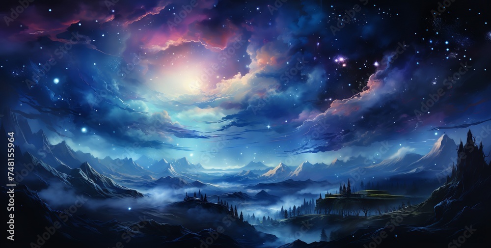 A breathtaking painting of a starry night sky over a snow-capped mountain range. The river winds its way through the valley, its waters reflecting the stars above.
