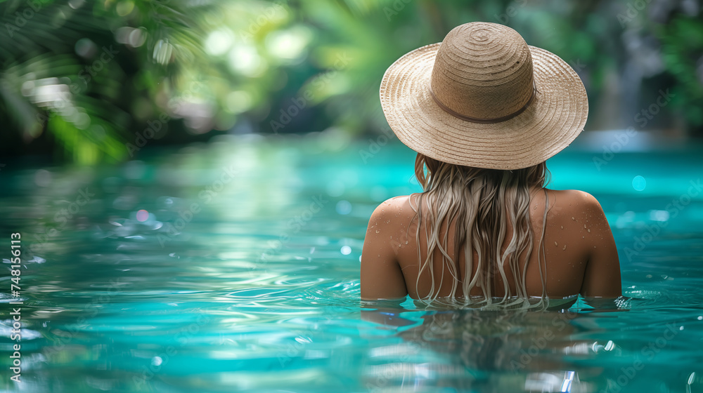 Beautiful young woman in hat relaxing in swimming pool at tropical resort
