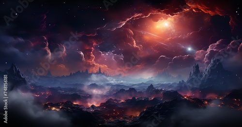 A breathtaking and imaginative painting of a floating city in the sky, with a waterfall cascading down its side. The city is surrounded by clouds and stars, and it appears to be suspended in mid-air.