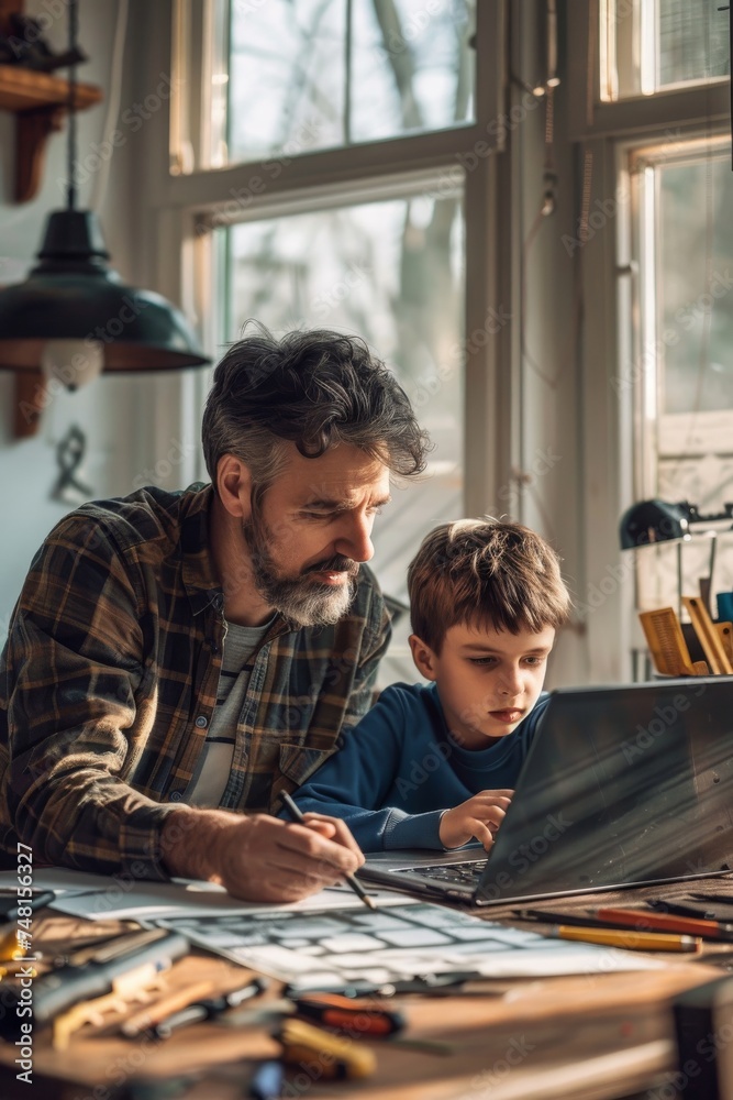 Fototapeta premium Father and son using a laptop in a home office working on a DIY project plan with tools and blueprints spread out on the desk