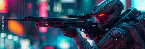 Futuristic assassin in sleek high tech armor aiming a cutting edge rifle neon city backdrop