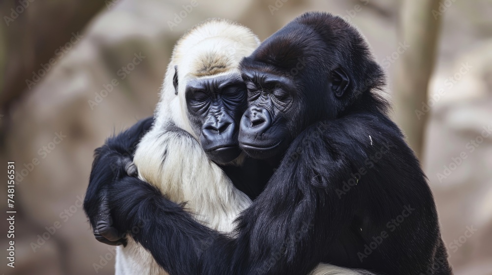 Fototapeta premium Heartwarming scene of a white gorilla gently hugging a black gorilla symbolizing unity and friendship in their natural habitat
