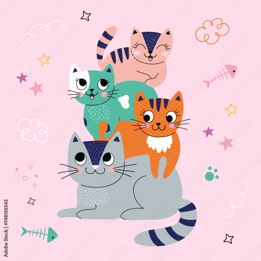 Cute card with family cats. Best family always together. Vector illustration. pink background