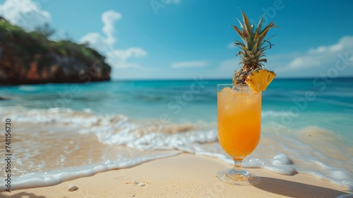 a glass of pineapple juice with a straw on the sand of the beach. Summer and travel concept