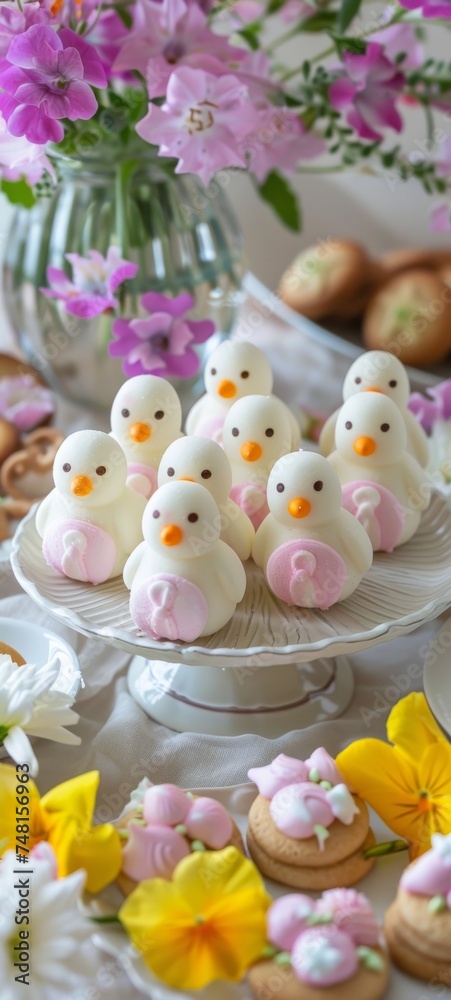 Marshmallow chick display at a family Easter dinner with petunias and cookies overlooking a festive parade float