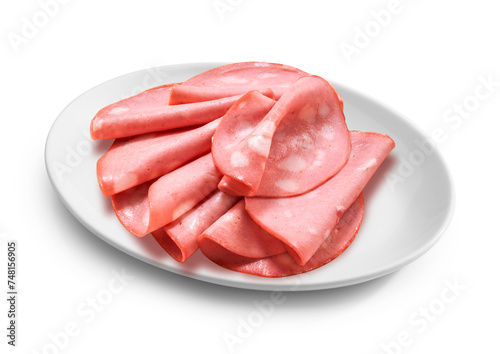 mortadella di bologna over roval white plate, isolated on white background
