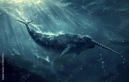 Narwhals swim in the Arctic their tusks glowing like underwater lighthouses guiding their path through the dark