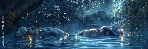 Otters float on their backs in a moonlit river holding hands and dreaming stars reflecting on the waters surface