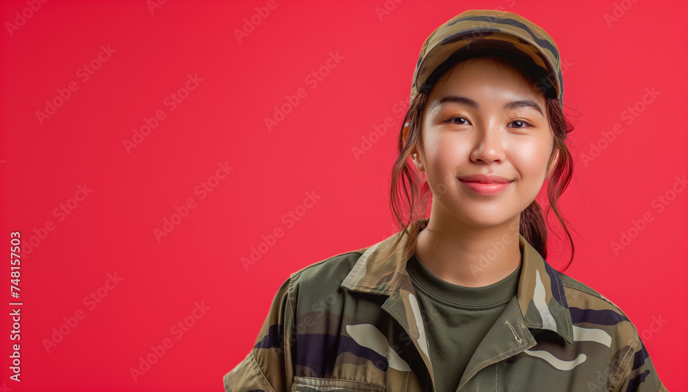 Young pretty woman in camo uniform in front of red background. Young pretty woman in camo uniform in front of red background.