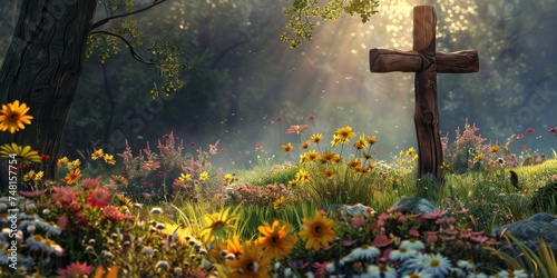 Rustic Easter scene with a wooden cross in a wildflower meadow depicting tranquility and natures embrace of spirituality