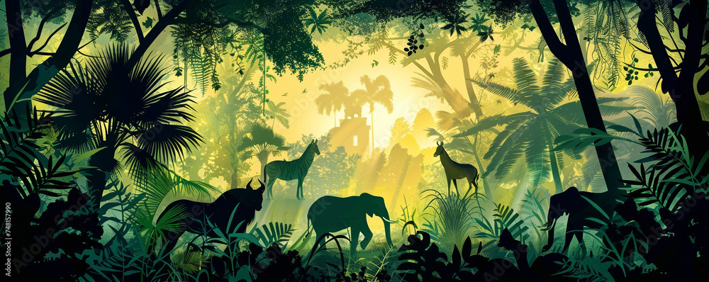 Shadow play jungle with silhouettes of exotic animals among dappled sunlight ancient ruins partially hidden by thick foliage