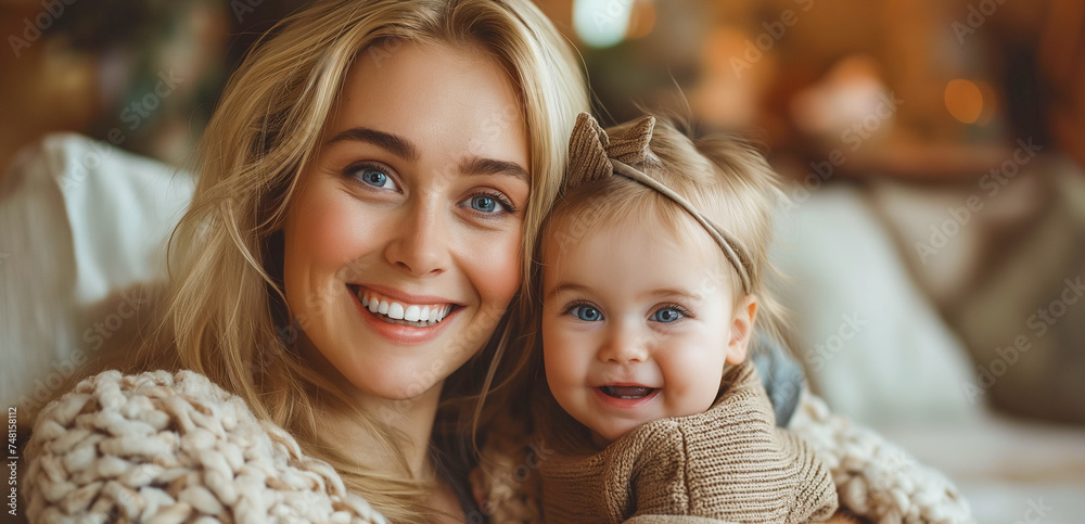 Obraz premium Portrait of beautiful blond woman with adorable baby girl. Happy young mom and her cute baby. Mothers day.