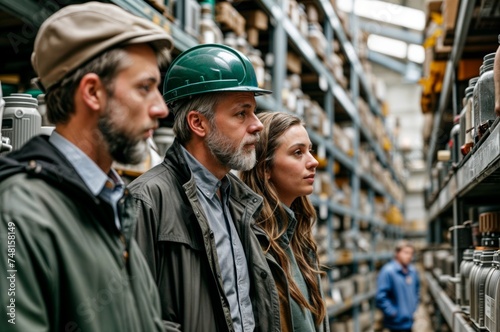 high angle view of mature warehouse workers looking at camera while standing in warehouse