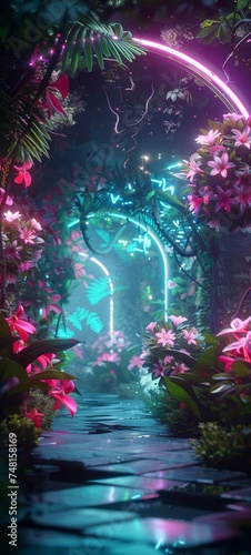 Solar powered flowers in a futuristic garden neon lights and geometric patterns