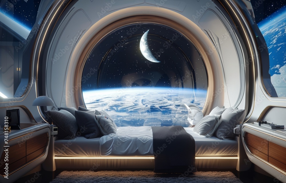Space tourism advertisement showcasing luxury accommodations with a view of Earth Space tourism advertisement showcasing luxury accommodations with a view of Earth