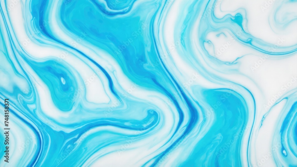 Cyan and Blue dynamic background mixing liquid paints art. Modern futuristic pattern marble translucent colors texture
