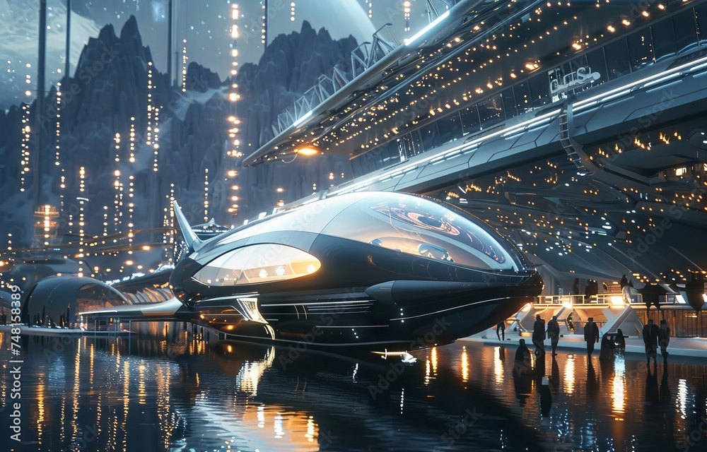 Starship docked at a space tourism hub photon sails reflecting the ...