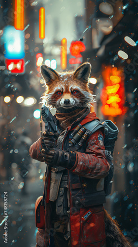 A detailed, realistic image of an anthropomorphic raccoon in tactical gear holding a gun photo