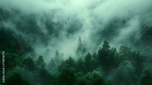 Mysterious fog curls through the forest creating an atmospheric landscape scene. Concept Nature Photography, Atmospheric Landscapes, Mysterious Settings, Forest Scenes, Weather Phenomena © Anastasiia
