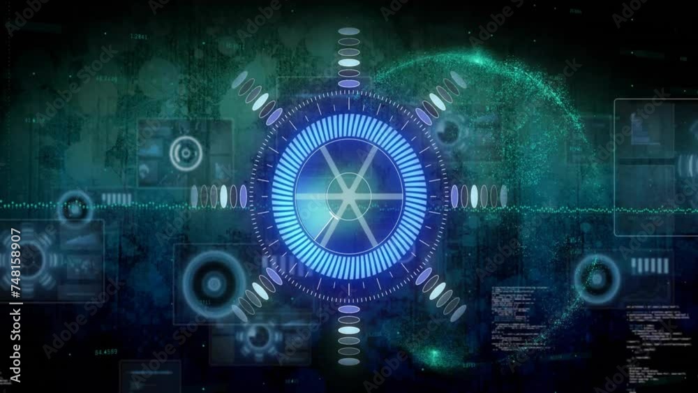 Animation of data processing and scope scanning over globe Animation of data processing and scope scanning over globe