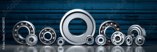 Various sizes of metal ball bearings lined up against a blue corrugated metal background. photo