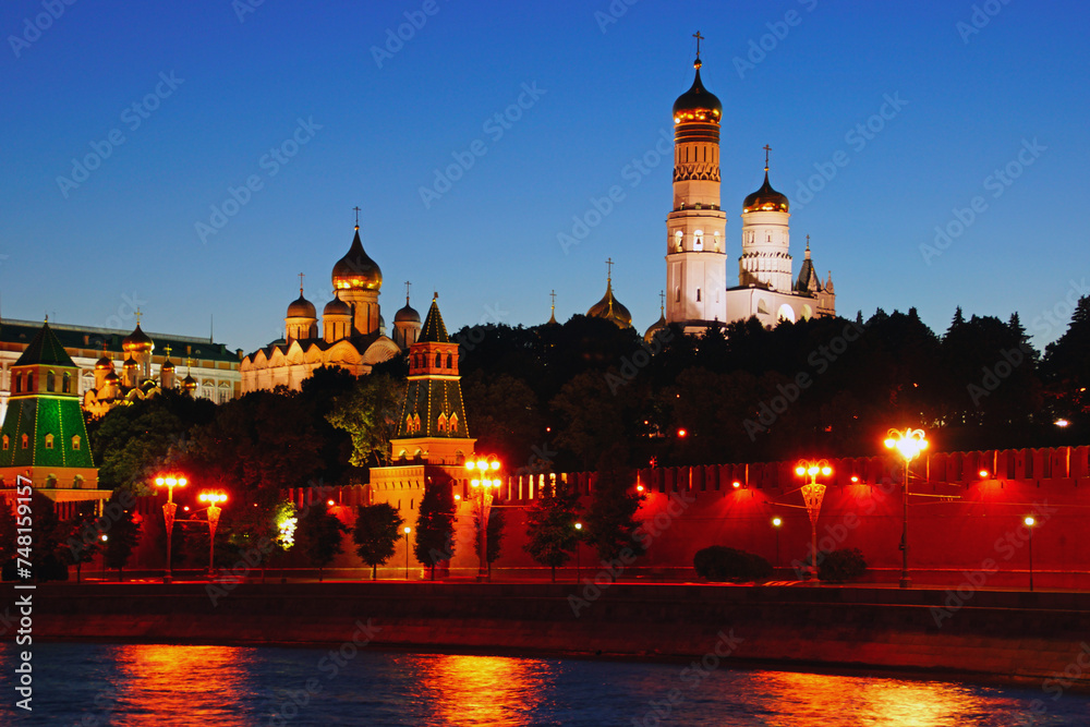 View of the Moscow Kremlin and the Kremlin Embankment. Towers of the Kremlin and the Ivan the Great bell tower