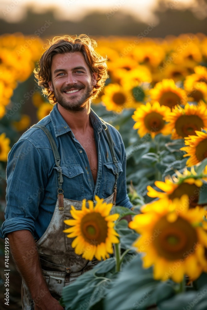A young farmer enthusiastically celebrates the triumphant sunflower harvest, smiling broadly, his joy is obvious A young farmer enthusiastically celebrates the triumphant sunflower harvest, smiling broadly, his joy is obvious