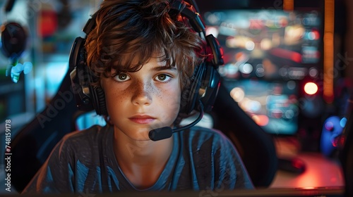 Focused young boy wearing headphones immersed in playing a racing game on a desktop computer. Concept Gaming, Technology, Concentration, Youth, Entertainment
