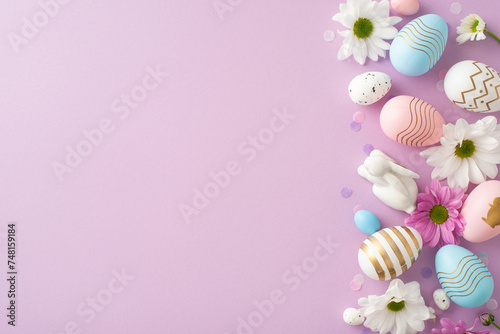 Stylish Easter arrangement seen from the top view, with eggs, ceramic bunny, chamomiles, and confetti on a light purple surface, providing a spot for your holiday wishes or advertisements