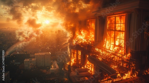Flames and smoke overwhelm a posh apartment, as the fire spreads, destroying the lavish decor.