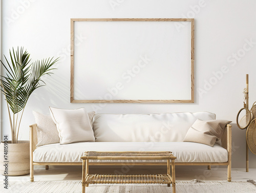 A cozy living room with a white sofa, wooden furniture, and a large blank frame on the wall. photo