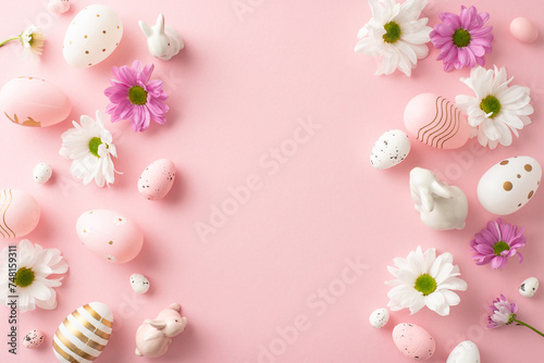 Festive Easter concept from top view  eggs  ceramic bunnies  chrysanthemums on a pastel pink background  with space for text or adverts