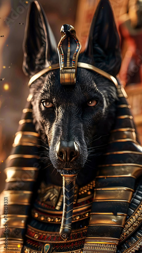 A majestic black dog adorned in intricate Egyptian-style golden armor, exuding power and mystery. photo