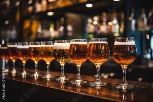 Row of various beer glasses on bar counter. Food and drink photography