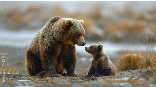 A bear and cub in a tender moment amidst a serene, natural backdrop. photo