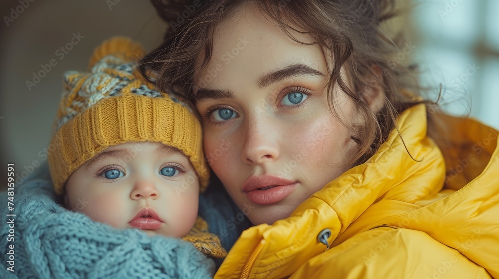 Wrapped in affection, a beautiful woman dons a knitted sweater and shares a joyous moment with an adorable, blue-eyed child. Expressive eyes and a touch of glamour accentuate the beauty of this scene. Wrapped in affection, a beautiful woman dons a knitted sweater and shares a joyous moment with an adorable, blue-eyed child. Expressive eyes and a touch of glamour accentuate the beauty of this scene.