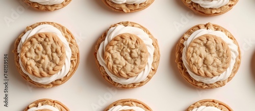 A selection of oatmeal cream pies and cookies with rich icing and cream arranged neatly on a plain white surface. The cookies are adorned with colorful sprinkles and various shapes, creating a
