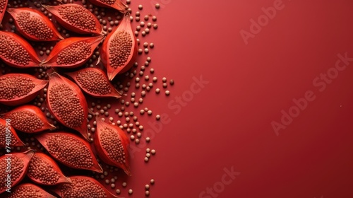 Annatto seeds on a red background with space for text