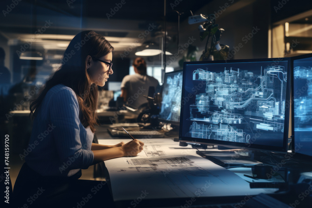 Data scientists work in a modern office of a technology company. The concept of business, science, technology and architecture. Data scientists work in a modern office of a technology company. The concept of business, science, technology and architecture.
