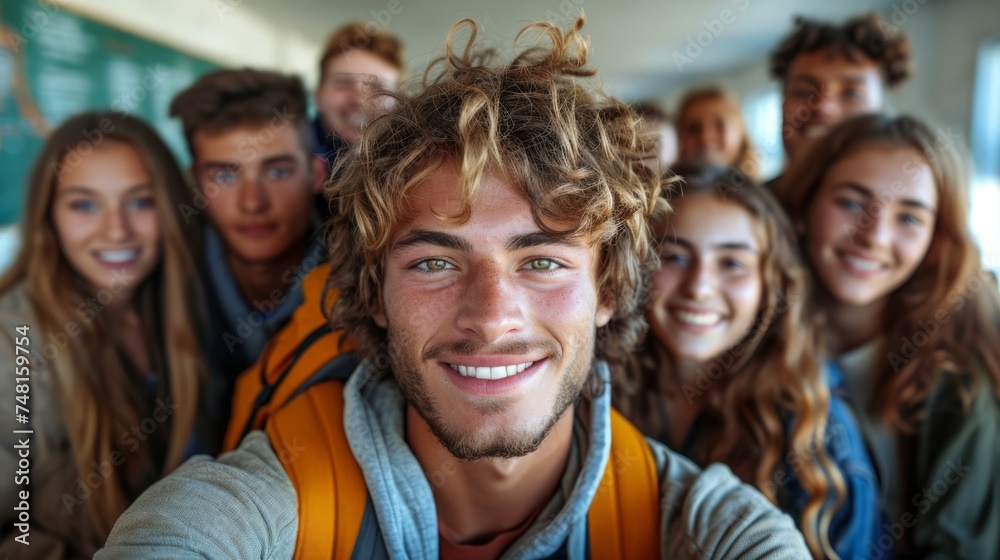 Multiethnic group of eight students posing together for a photograph in a classroom Multiethnic group of eight students posing together for a photograph in a classroom