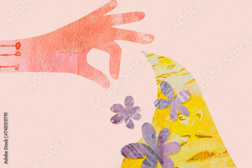 Illustration mixed media watercolor flowers, yellow abstract and woman hand gesture photo