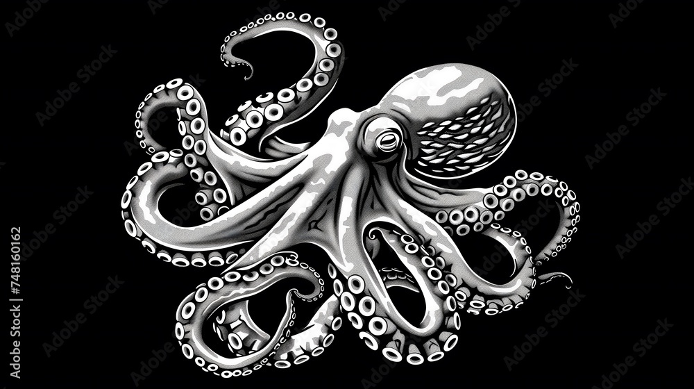 Obraz premium Black and white illustration with an octopus